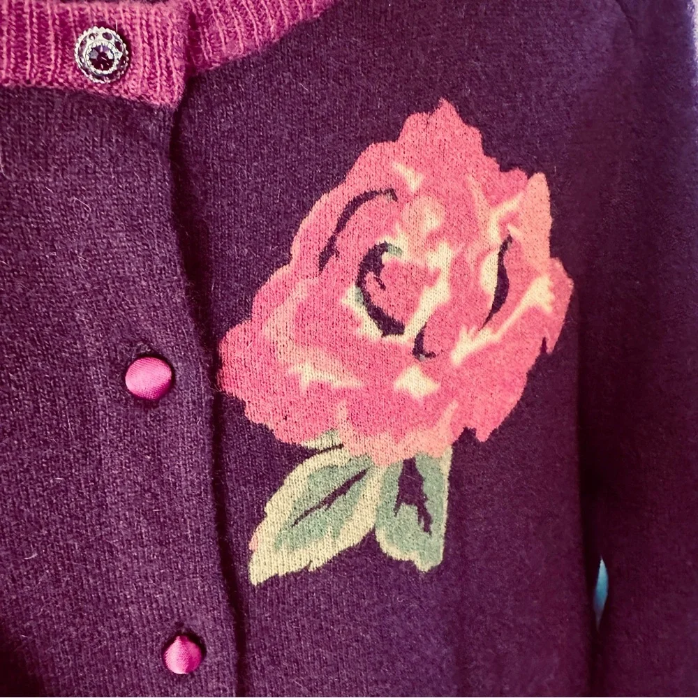 Fieldgear Rose Floral Intarsia Wool Angora Cardigan Sweater Cottagecore Size LP